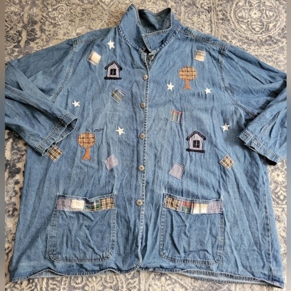 Willow Ridge Blue Button Down Shirt/Jacket with Patchwork Design